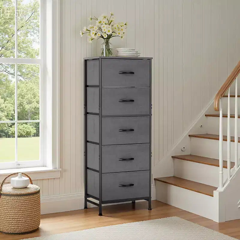 Comò accogliente a 5 cassetti in tessuto con struttura in acciaio e piano in legno, organizer portatile per camera da letto, armadio, ingresso, soggiorno