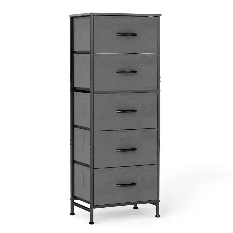 Comò accogliente a 5 cassetti in tessuto con struttura in acciaio e piano in legno, organizer portatile per camera da letto, armadio, ingresso, soggiorno
