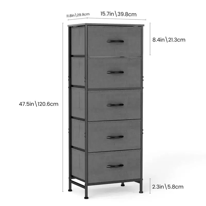 Comò accogliente a 5 cassetti in tessuto con struttura in acciaio e piano in legno, organizer portatile per camera da letto, armadio, ingresso, soggiorno