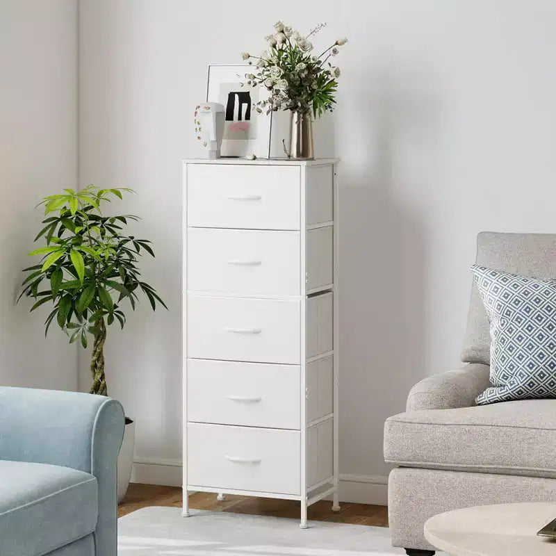 Comò accogliente a 5 cassetti in tessuto con struttura in acciaio e piano in legno, organizer portatile per camera da letto, armadio, ingresso, soggiorno