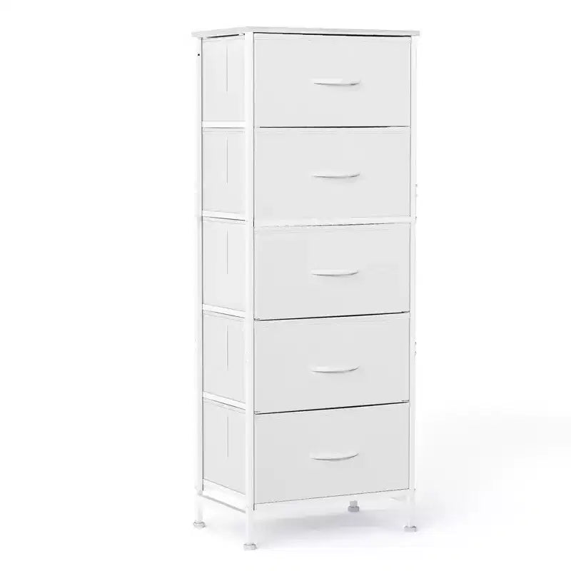 Comò accogliente a 5 cassetti in tessuto con struttura in acciaio e piano in legno, organizer portatile per camera da letto, armadio, ingresso, soggiorno