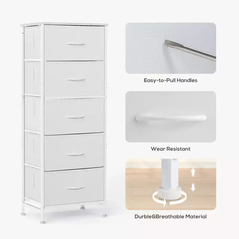 Comò accogliente a 5 cassetti in tessuto con struttura in acciaio e piano in legno, organizer portatile per camera da letto, armadio, ingresso, soggiorno