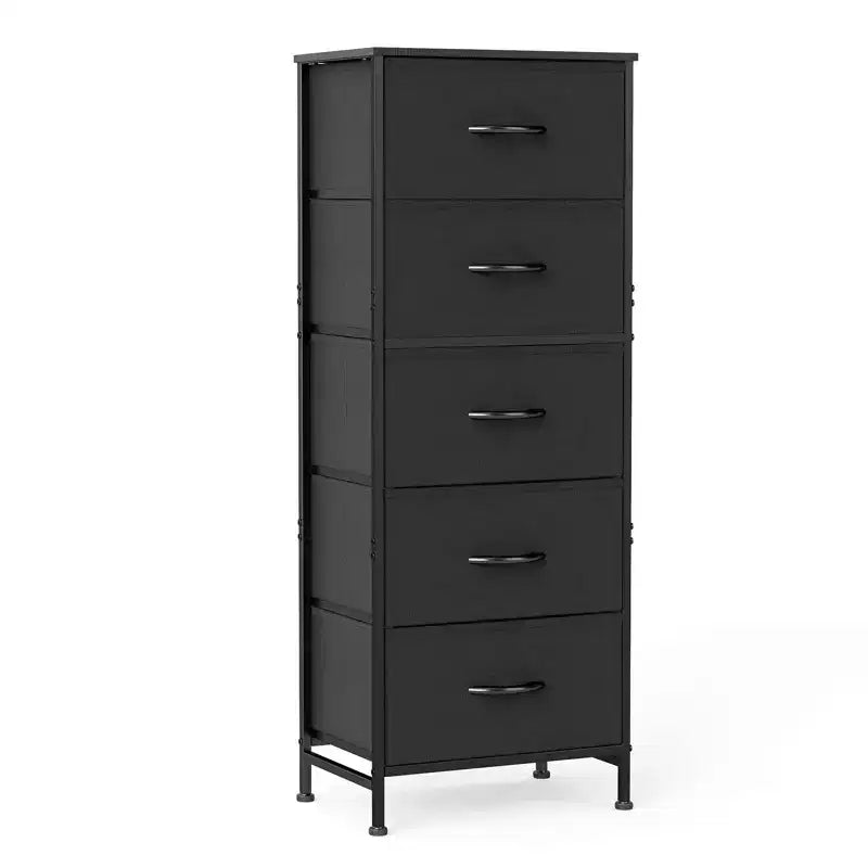 Comò accogliente a 5 cassetti in tessuto con struttura in acciaio e piano in legno, organizer portatile per camera da letto, armadio, ingresso, soggiorno