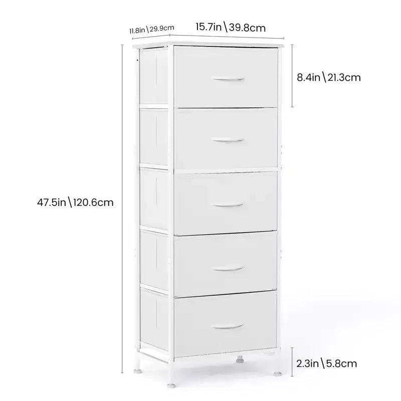 Comò accogliente a 5 cassetti in tessuto con struttura in acciaio e piano in legno, organizer portatile per camera da letto, armadio, ingresso, soggiorno
