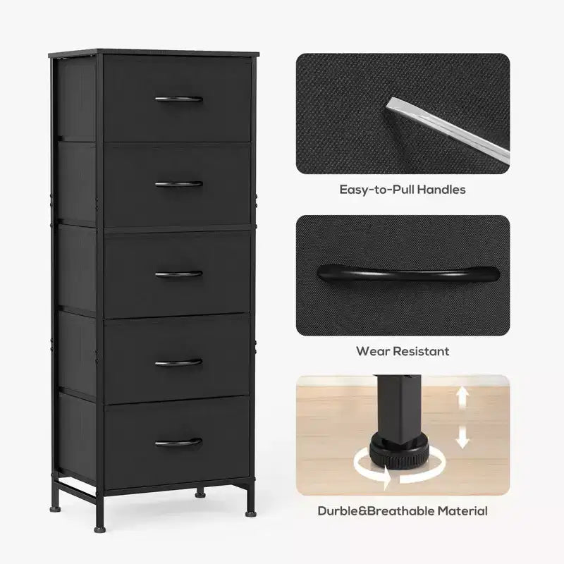Comò accogliente a 5 cassetti in tessuto con struttura in acciaio e piano in legno, organizer portatile per camera da letto, armadio, ingresso, soggiorno