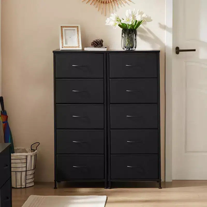 Comò accogliente a 5 cassetti in tessuto con struttura in acciaio e piano in legno, organizer portatile per camera da letto, armadio, ingresso, soggiorno