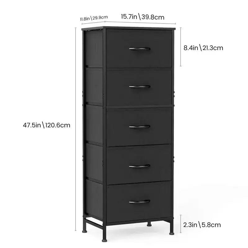 Comò accogliente a 5 cassetti in tessuto con struttura in acciaio e piano in legno, organizer portatile per camera da letto, armadio, ingresso, soggiorno