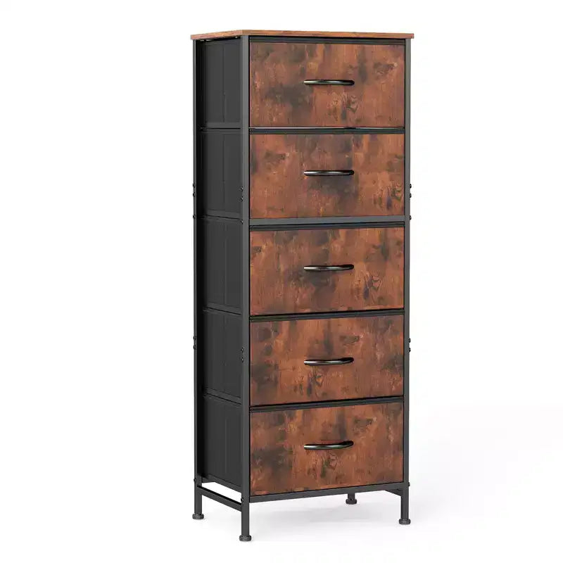 Comò accogliente a 5 cassetti in tessuto con struttura in acciaio e piano in legno, organizer portatile per camera da letto, armadio, ingresso, soggiorno