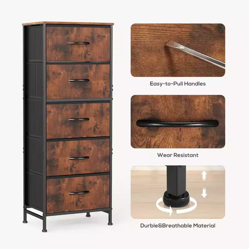 Comò accogliente a 5 cassetti in tessuto con struttura in acciaio e piano in legno, organizer portatile per camera da letto, armadio, ingresso, soggiorno