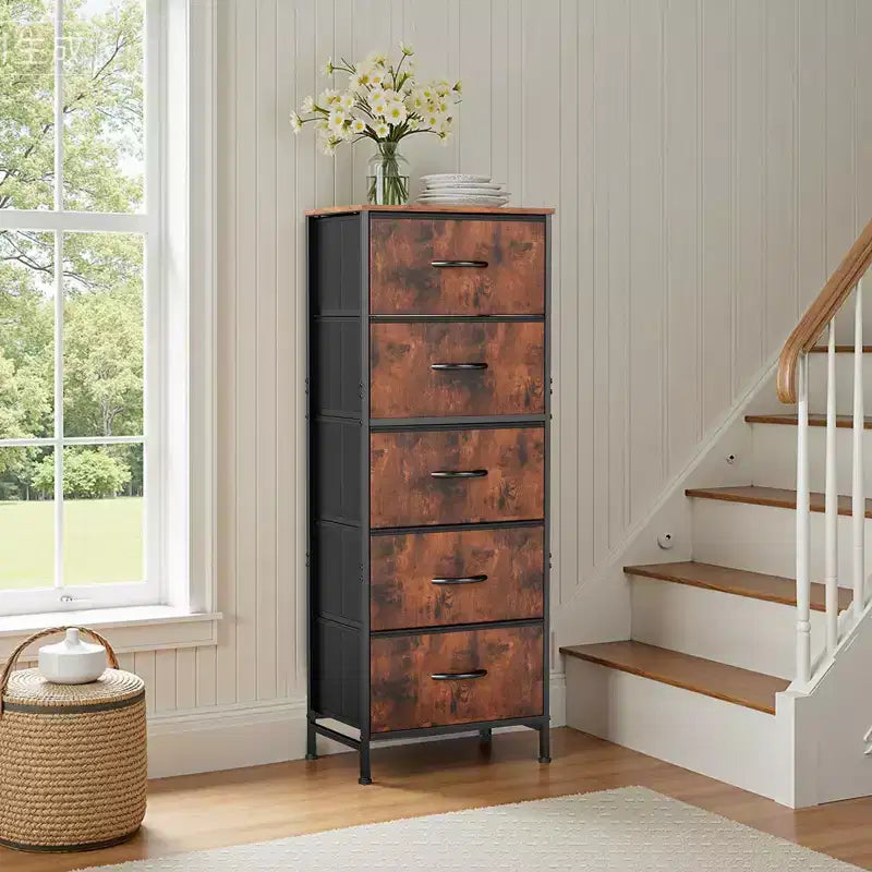 Comò accogliente a 5 cassetti in tessuto con struttura in acciaio e piano in legno, organizer portatile per camera da letto, armadio, ingresso, soggiorno