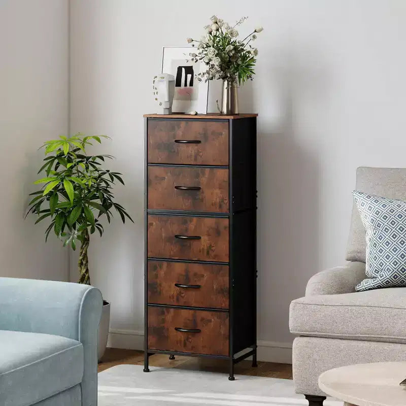 Comò accogliente a 5 cassetti in tessuto con struttura in acciaio e piano in legno, organizer portatile per camera da letto, armadio, ingresso, soggiorno