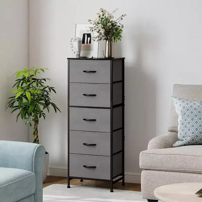 Comò accogliente a 5 cassetti in tessuto con struttura in acciaio e piano in legno, organizer portatile per camera da letto, armadio, ingresso, soggiorno