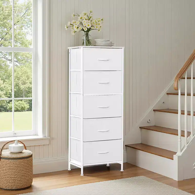 Comò accogliente a 5 cassetti in tessuto con struttura in acciaio e piano in legno, organizer portatile per camera da letto, armadio, ingresso, soggiorno
