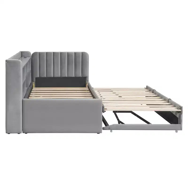 MAYEERTY Letto Divano Imbottito Una Piazza, Rotelle, Ripiani, Presa USB, Camera da Letto, Beige