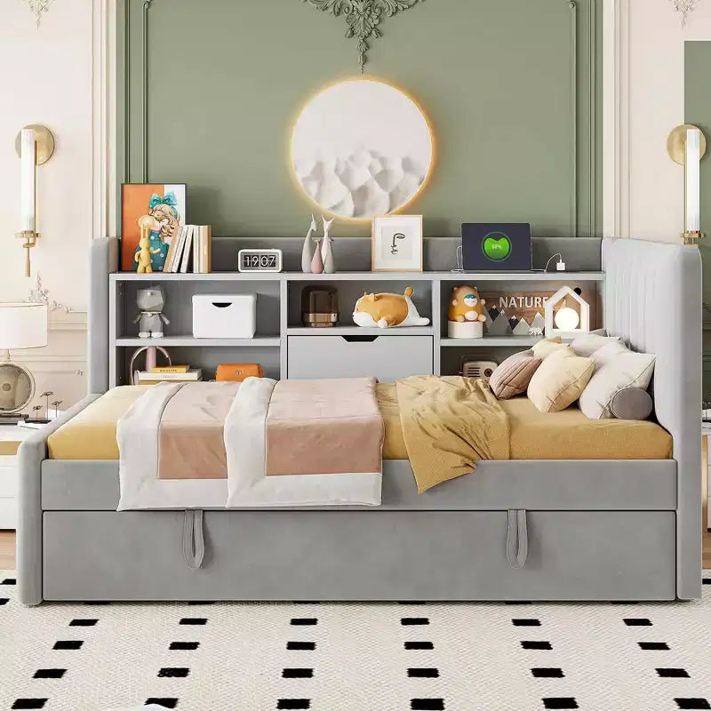 MAYEERTY Letto Divano Imbottito Una Piazza, Rotelle, Ripiani, Presa USB, Camera da Letto, Beige