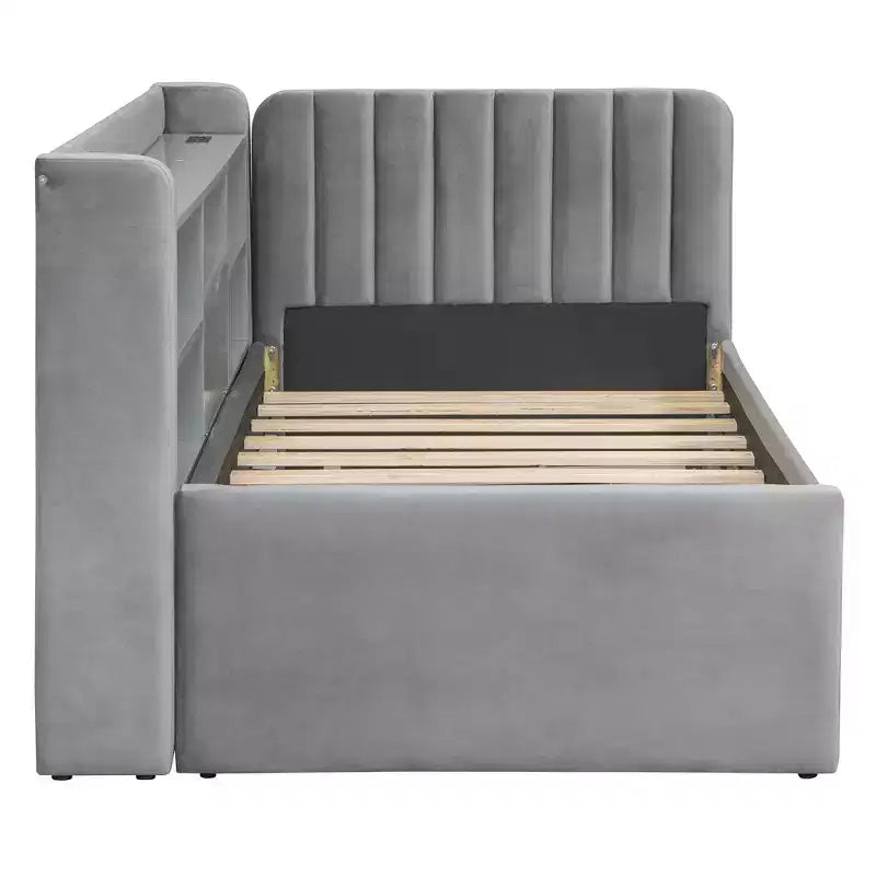 MAYEERTY Letto Divano Imbottito Una Piazza, Rotelle, Ripiani, Presa USB, Camera da Letto, Beige