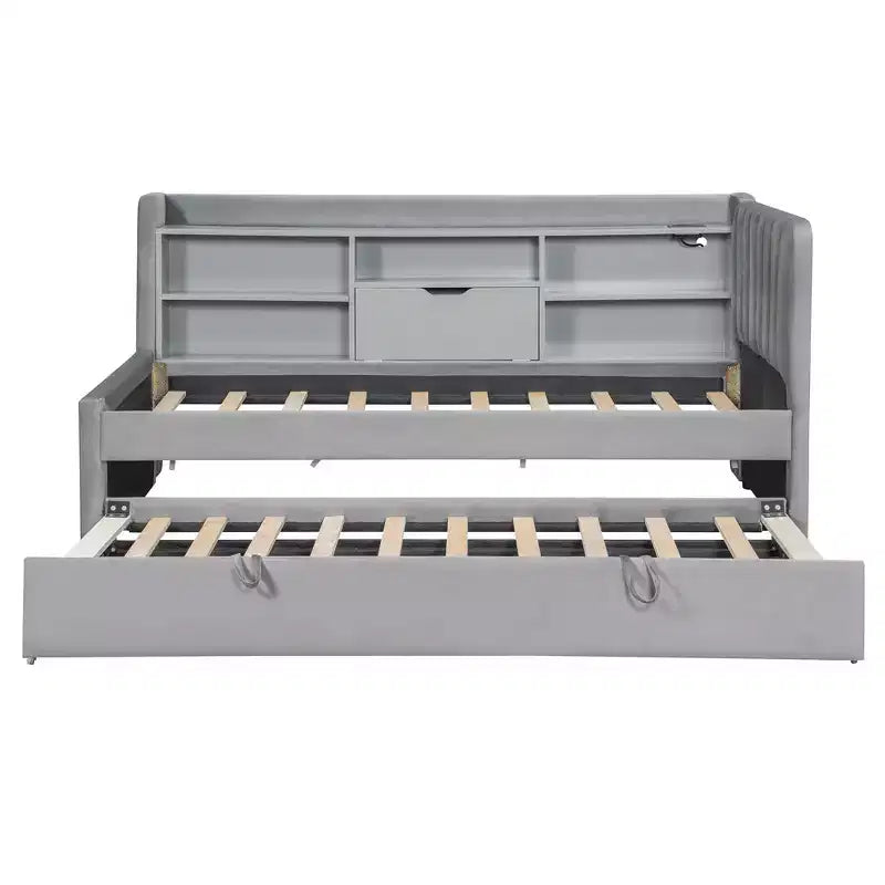 MAYEERTY Letto Divano Imbottito Una Piazza, Rotelle, Ripiani, Presa USB, Camera da Letto, Beige