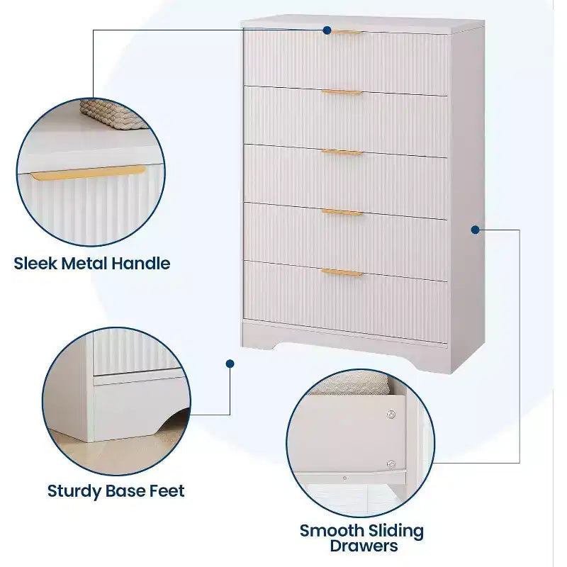 Comò Acekool a 5 cassetti scanalati, cassettiera alta moderna con maniglie in metallo dorato, armadietto organizer per camera da letto, cabina armadio, ingresso, soggiorno