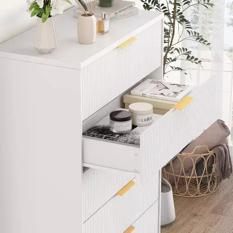 Comò Acekool a 5 cassetti scanalati, cassettiera alta moderna con maniglie in metallo dorato, armadietto organizer per camera da letto, cabina armadio, ingresso, soggiorno