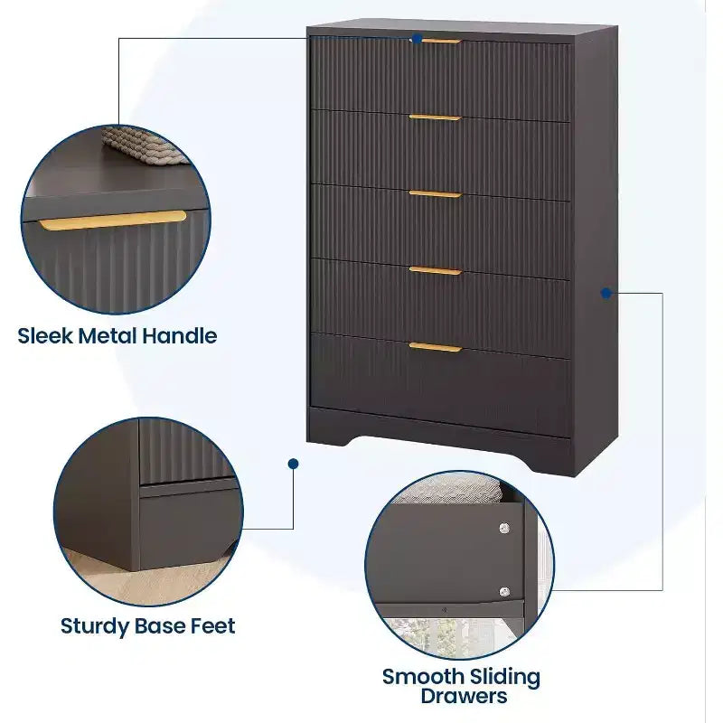 Comò Acekool a 5 cassetti scanalati, cassettiera alta moderna con maniglie in metallo dorato, armadietto organizer per camera da letto, cabina armadio, ingresso, soggiorno