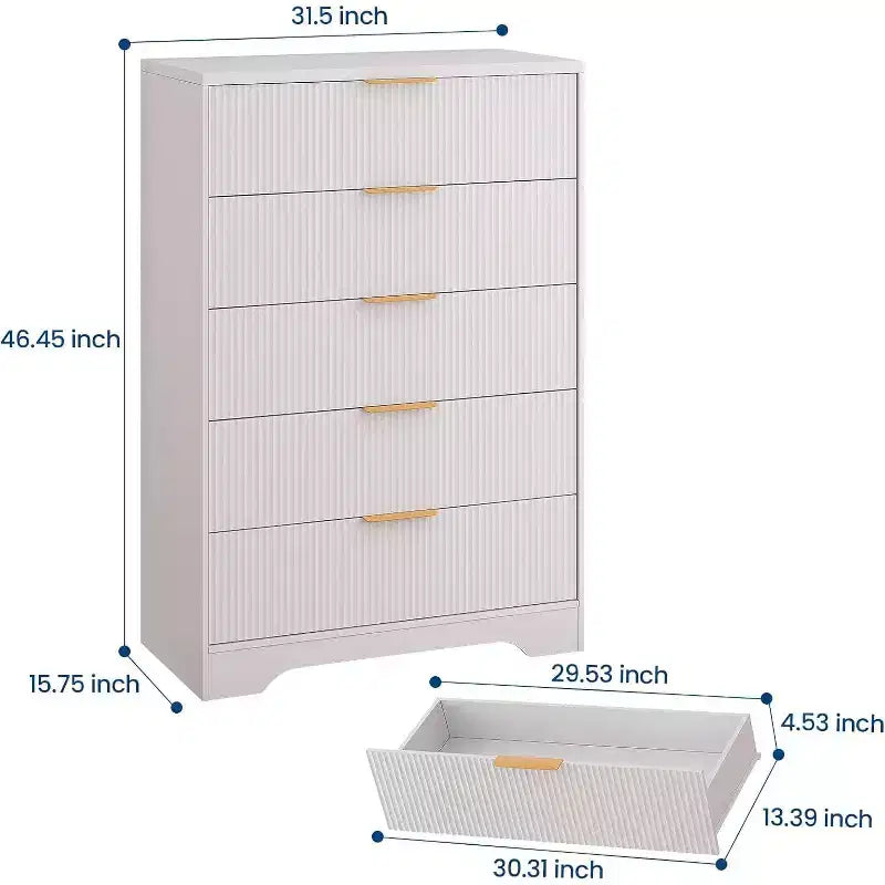 Comò Acekool a 5 cassetti scanalati, cassettiera alta moderna con maniglie in metallo dorato, armadietto organizer per camera da letto, cabina armadio, ingresso, soggiorno