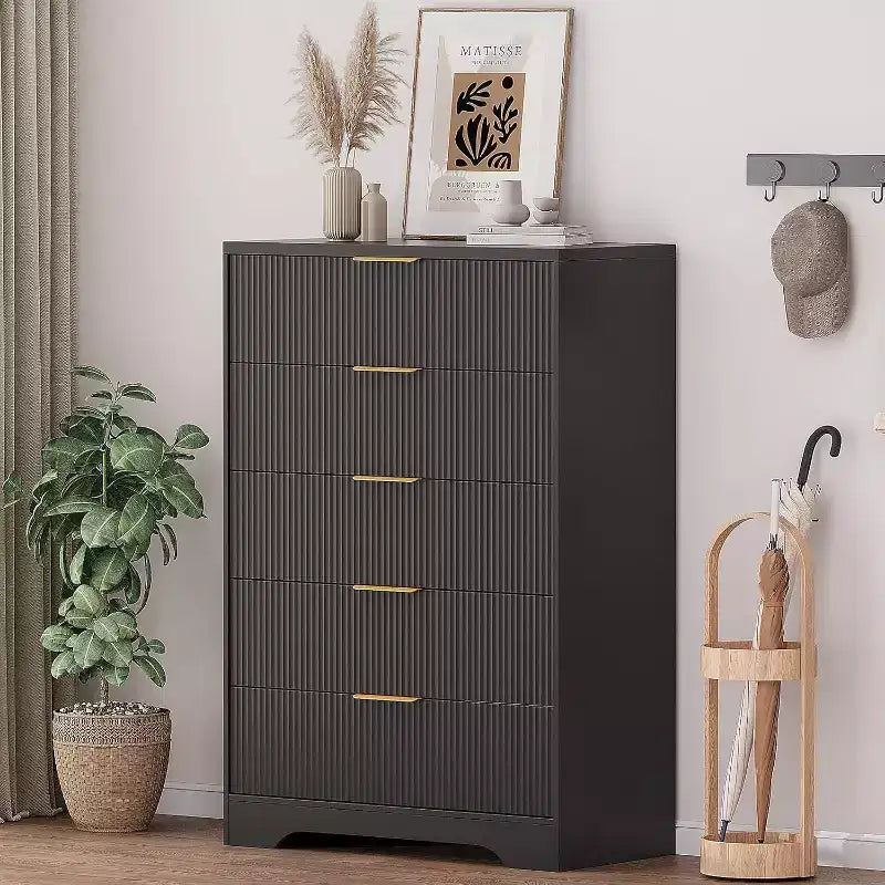 Acekool 5-Drawer Fluted Dresser, Modern Tall Chest with Gold Metal Handles, Storage Organizer Cabinet for Bedroom, Closet, Entryway, Living Room