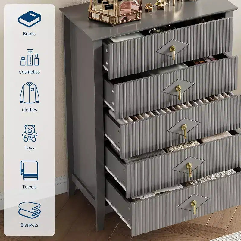 Cassettiera Acekool 31.5 a 5 cassetti scanalati, Comodino Moderno con Cassetti Profondi e Kit Antiribaltamento