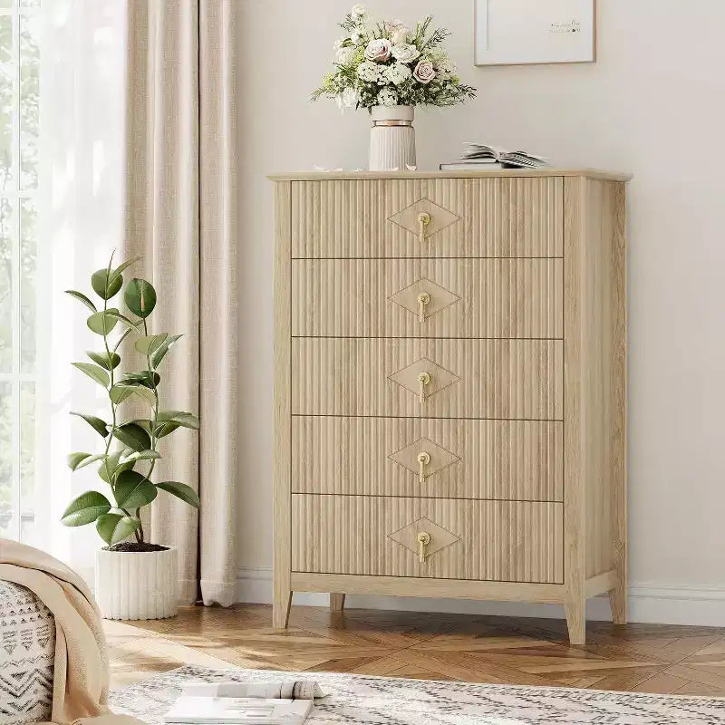 Cassettiera Acekool 31.5 a 5 cassetti scanalati, Comodino Moderno con Cassetti Profondi e Kit Antiribaltamento