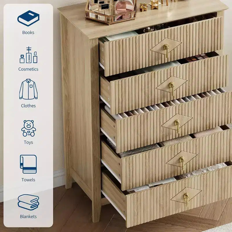 Cassettiera Acekool 31.5 a 5 cassetti scanalati, Comodino Moderno con Cassetti Profondi e Kit Antiribaltamento