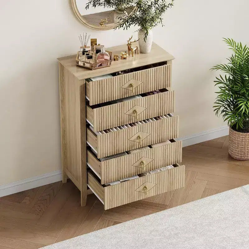 Cassettiera Acekool 31.5 a 5 cassetti scanalati, Comodino Moderno con Cassetti Profondi e Kit Antiribaltamento