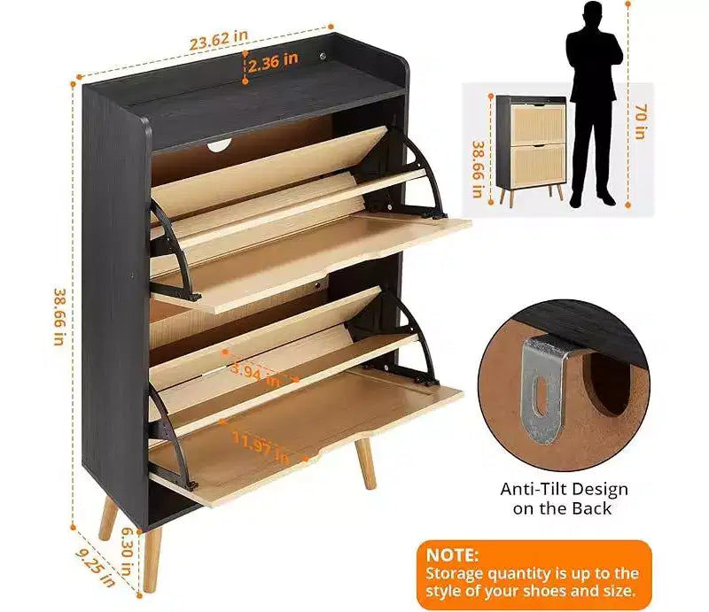 Scarpiera - Scarpiera a scomparsa con 2 cassetti a ribalta in rattan e design antiribaltamento