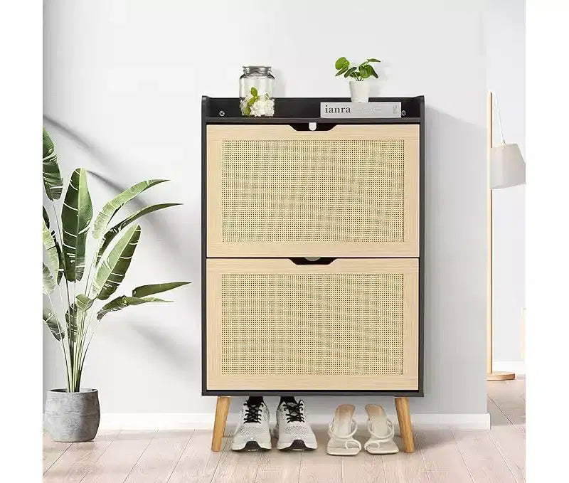 Scarpiera - Scarpiera a scomparsa con 2 cassetti a ribalta in rattan e design antiribaltamento