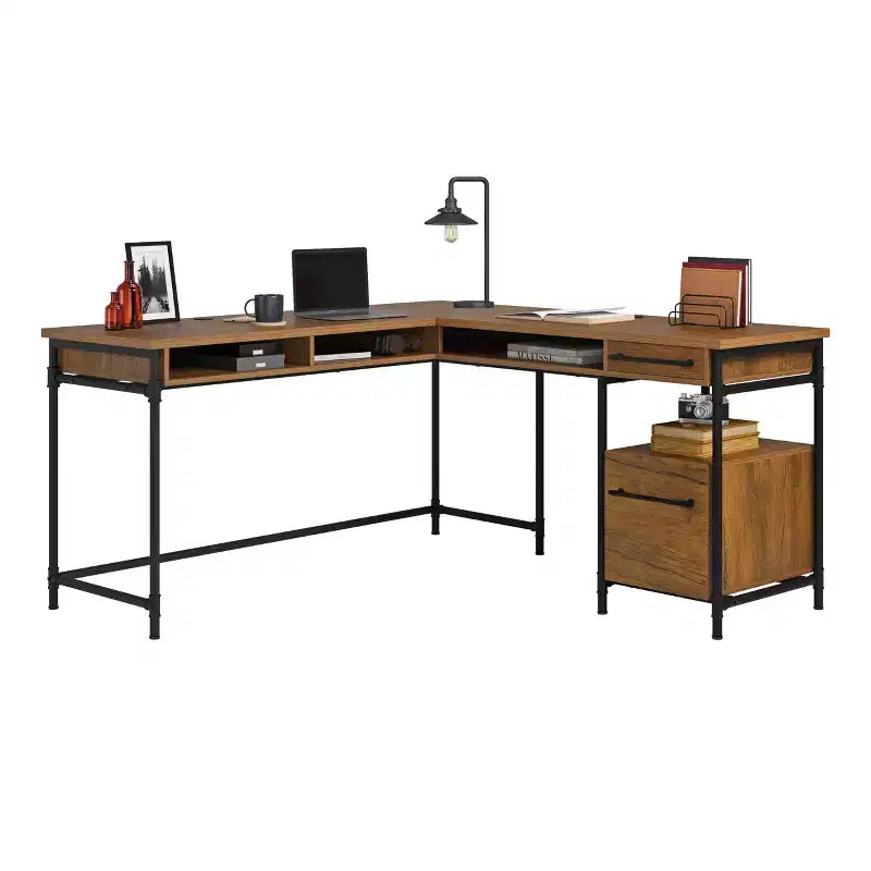 Scrivania angolare in legno GDFStudio Renley 60 con cassetti portaoggetti