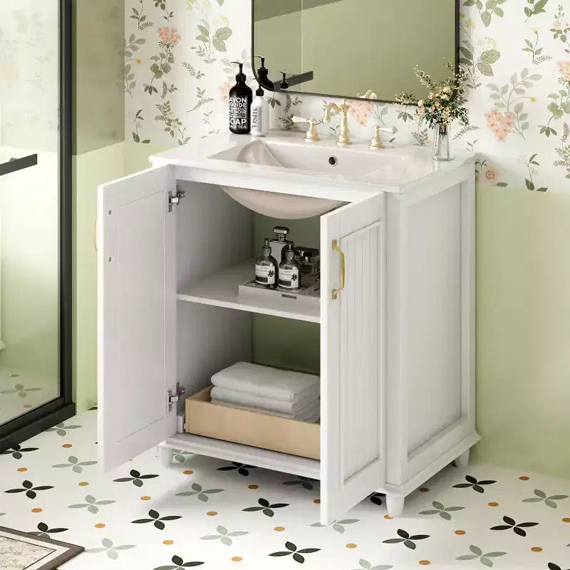 Mobile Bagno da 76 cm con Lavabo, Mobiletto Bagno con Cassetti, Mobile Bagno Monolavabo