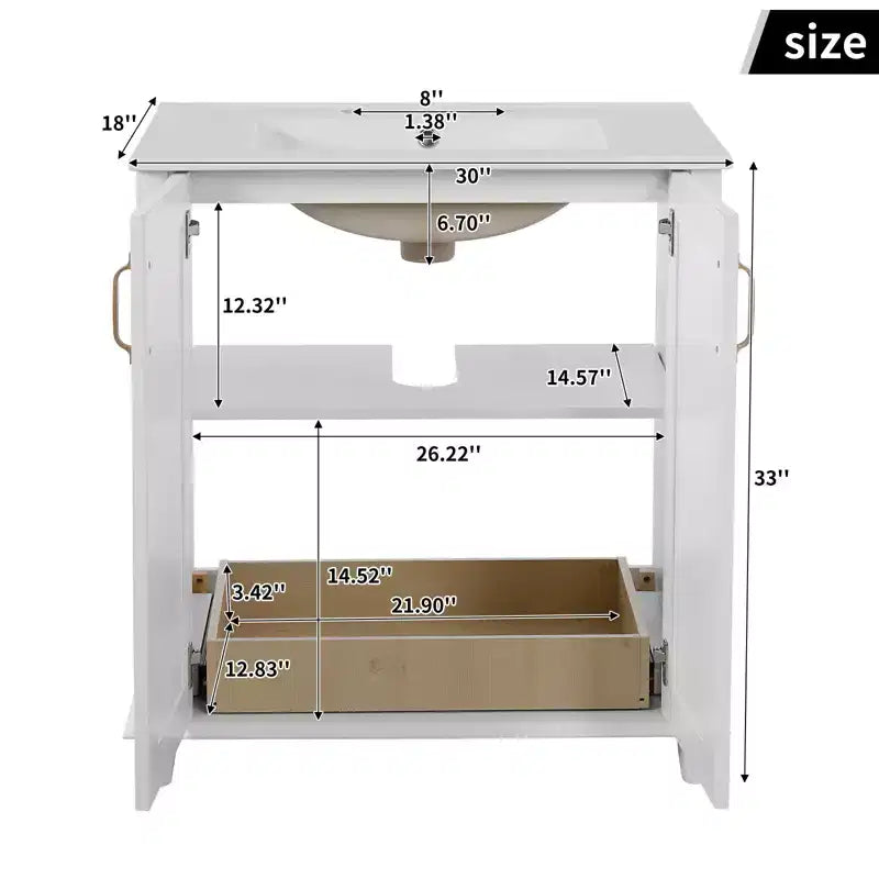 Mobile Bagno da 76 cm con Lavabo, Mobiletto Bagno con Cassetti, Mobile Bagno Monolavabo