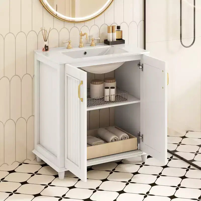 Mobile Bagno da 76 cm con Lavabo, Mobiletto Bagno con Cassetti, Mobile Bagno Monolavabo
