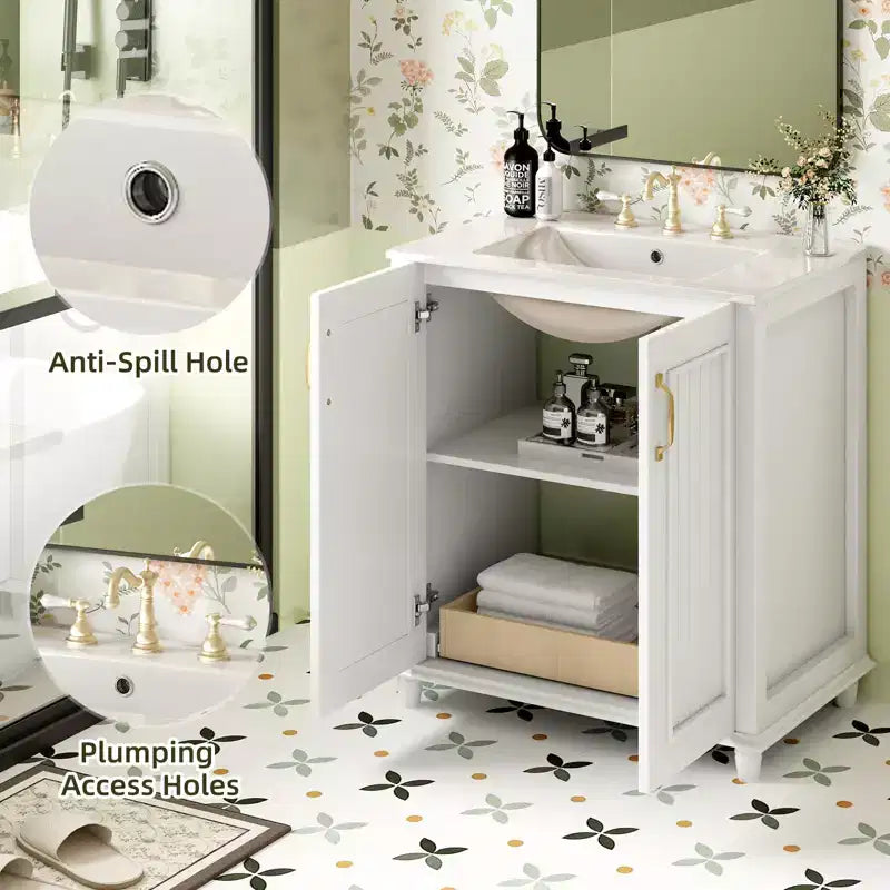 Mobile Bagno da 76 cm con Lavabo, Mobiletto Bagno con Cassetti, Mobile Bagno Monolavabo