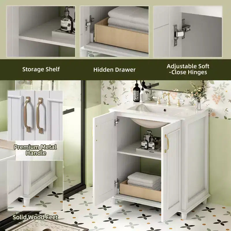 Mobile Bagno da 76 cm con Lavabo, Mobiletto Bagno con Cassetti, Mobile Bagno Monolavabo