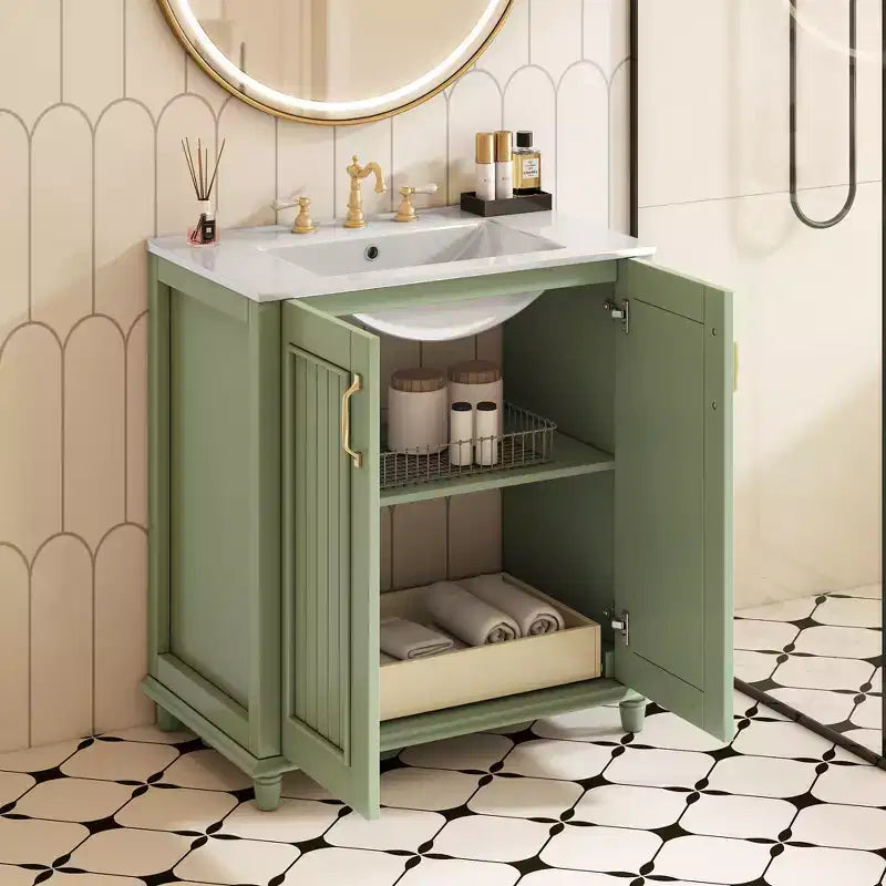 Mobile Bagno da 76 cm con Lavabo, Mobiletto Bagno con Cassetti, Mobile Bagno Monolavabo