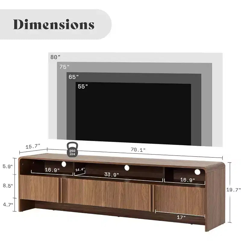 AMERLIFE Mobile TV 70 Moderno con Design Scanalato e Armadietti, per TV fino a 80 pollici, Centro di Intrattenimento in Legno, Consolle Multimediale per Soggiorno