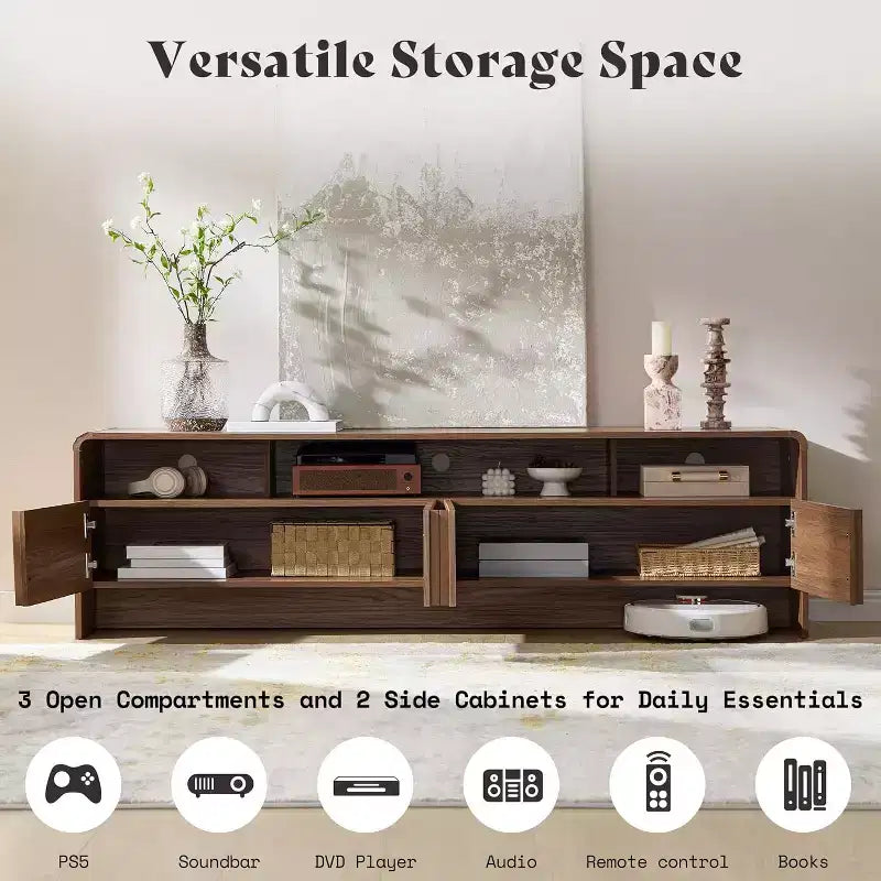 AMERLIFE Mobile TV 70 Moderno con Design Scanalato e Armadietti, per TV fino a 80 pollici, Centro di Intrattenimento in Legno, Consolle Multimediale per Soggiorno