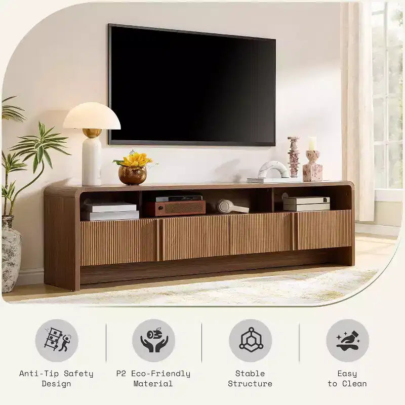 AMERLIFE Mobile TV 70 Moderno con Design Scanalato e Armadietti, per TV fino a 80 pollici, Centro di Intrattenimento in Legno, Consolle Multimediale per Soggiorno