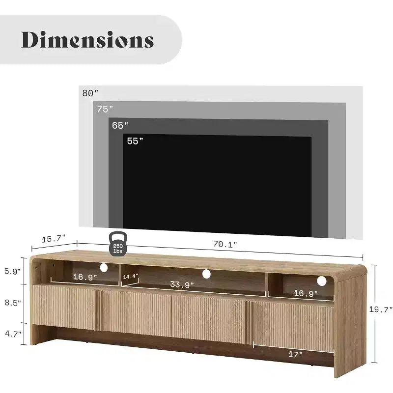 AMERLIFE Mobile TV 70 Moderno con Design Scanalato e Armadietti, per TV fino a 80 pollici, Centro di Intrattenimento in Legno, Consolle Multimediale per Soggiorno