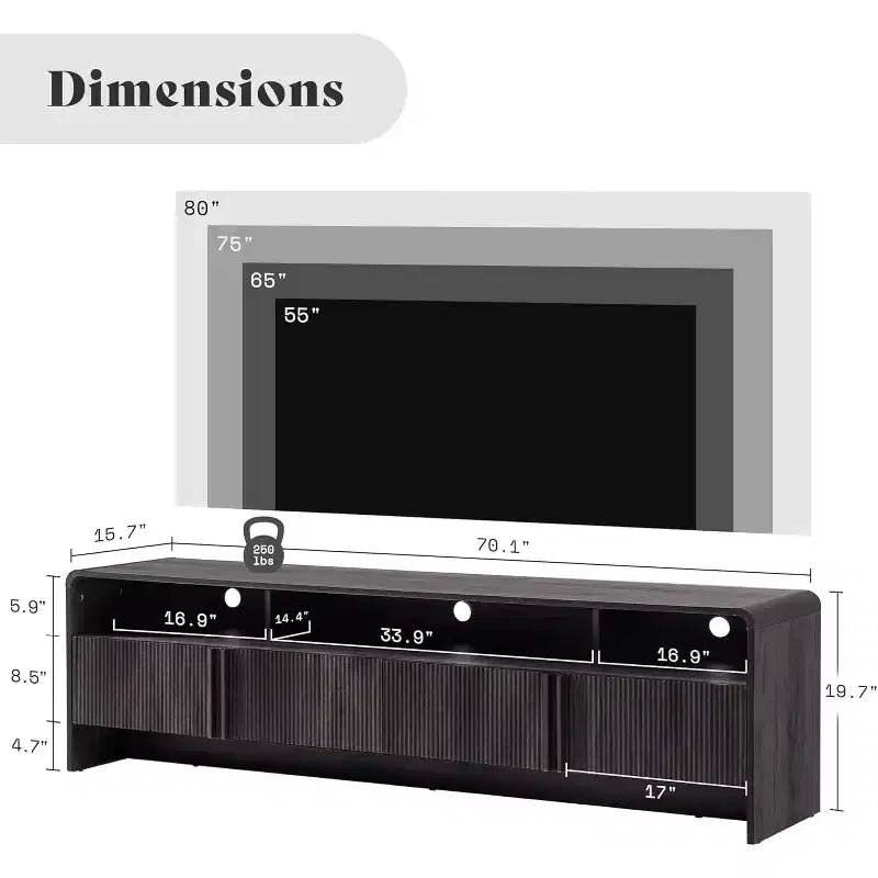 AMERLIFE Mobile TV 70 Moderno con Design Scanalato e Armadietti, per TV fino a 80 pollici, Centro di Intrattenimento in Legno, Consolle Multimediale per Soggiorno