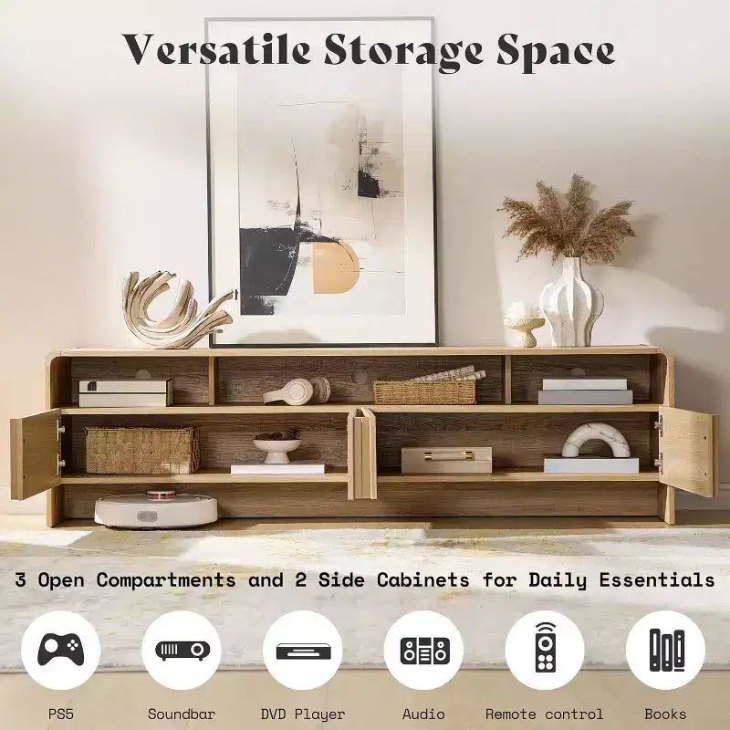 AMERLIFE Mobile TV 70 Moderno con Design Scanalato e Armadietti, per TV fino a 80 pollici, Centro di Intrattenimento in Legno, Consolle Multimediale per Soggiorno