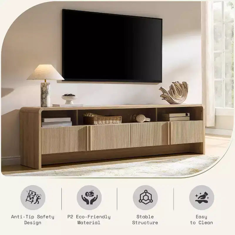 AMERLIFE Mobile TV 70 Moderno con Design Scanalato e Armadietti, per TV fino a 80 pollici, Centro di Intrattenimento in Legno, Consolle Multimediale per Soggiorno