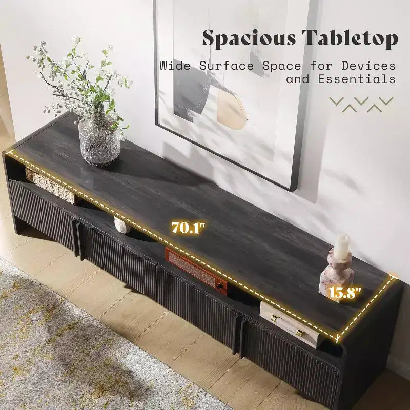 AMERLIFE Mobile TV 70 Moderno con Design Scanalato e Armadietti, per TV fino a 80 pollici, Centro di Intrattenimento in Legno, Consolle Multimediale per Soggiorno