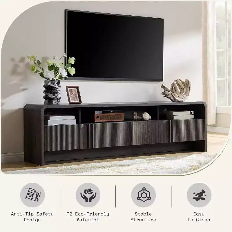 AMERLIFE Mobile TV 70 Moderno con Design Scanalato e Armadietti, per TV fino a 80 pollici, Centro di Intrattenimento in Legno, Consolle Multimediale per Soggiorno