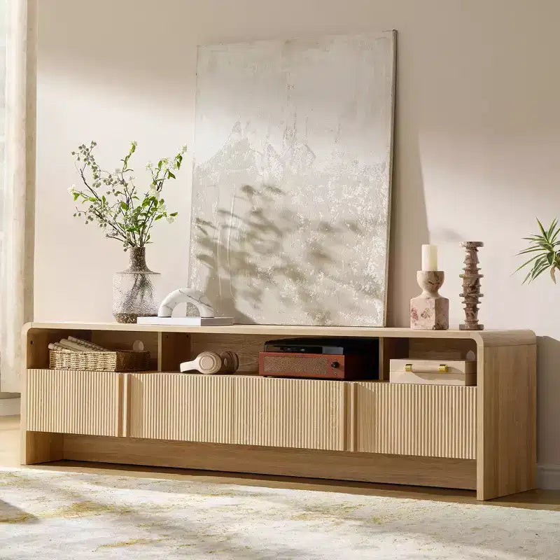 AMERLIFE Mobile TV 70 Moderno con Design Scanalato e Armadietti, per TV fino a 80 pollici, Centro di Intrattenimento in Legno, Consolle Multimediale per Soggiorno