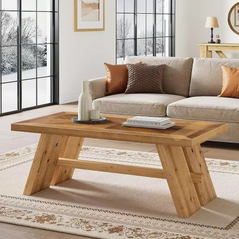 Tavolino da caffè Lantine in legno massello, 119 cm, rettangolare in stile rustico per soggiorno